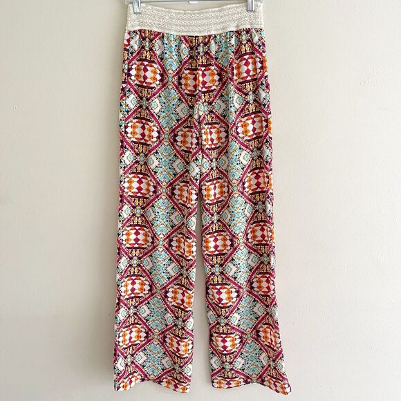 Stoosh Boho Pull On Pants Womens Size S Wide Leg Crochet Waist Flowy Colorful - Picture 5 of 12